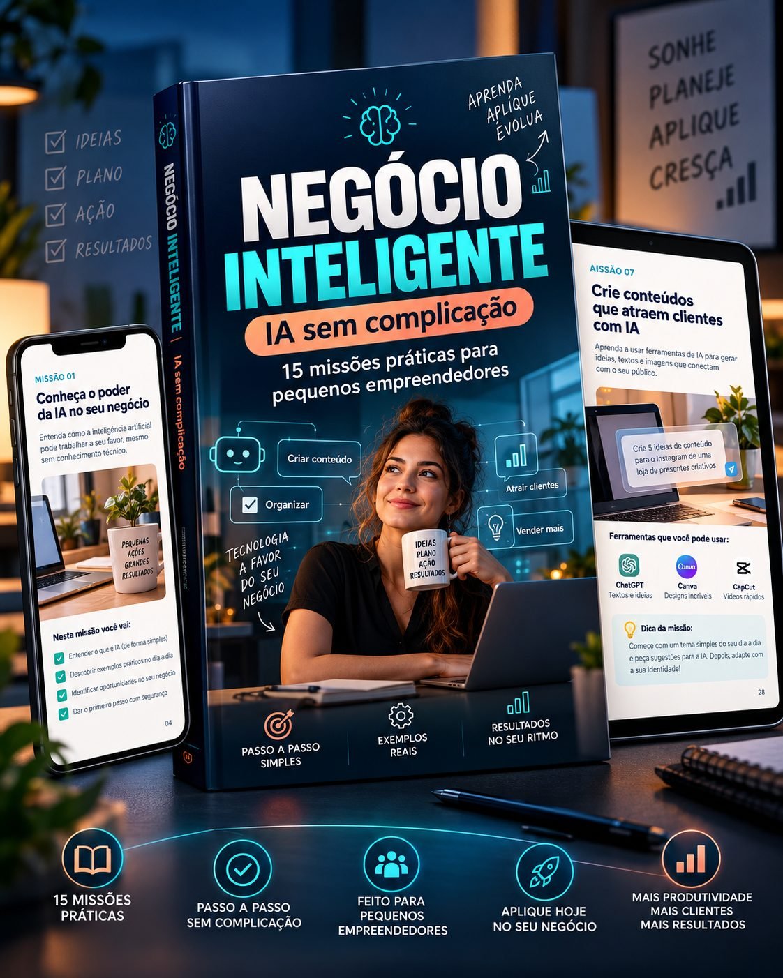 Apresentação visual do e-book Negócio Inteligente com livro, celular e tablet